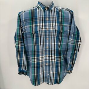 POLO RALPH LAUREN Shirt Mens M Heavy Cotton Blue Plaid Chore Grunge -HOLES